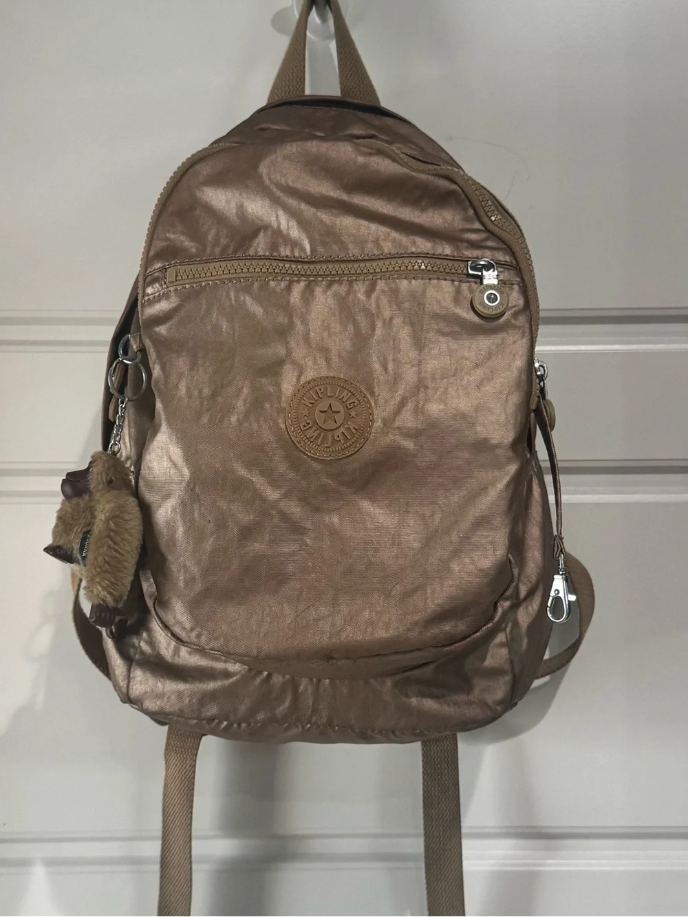 Kipling Metallic Bronze Everyday Backpack with Monkey Charm